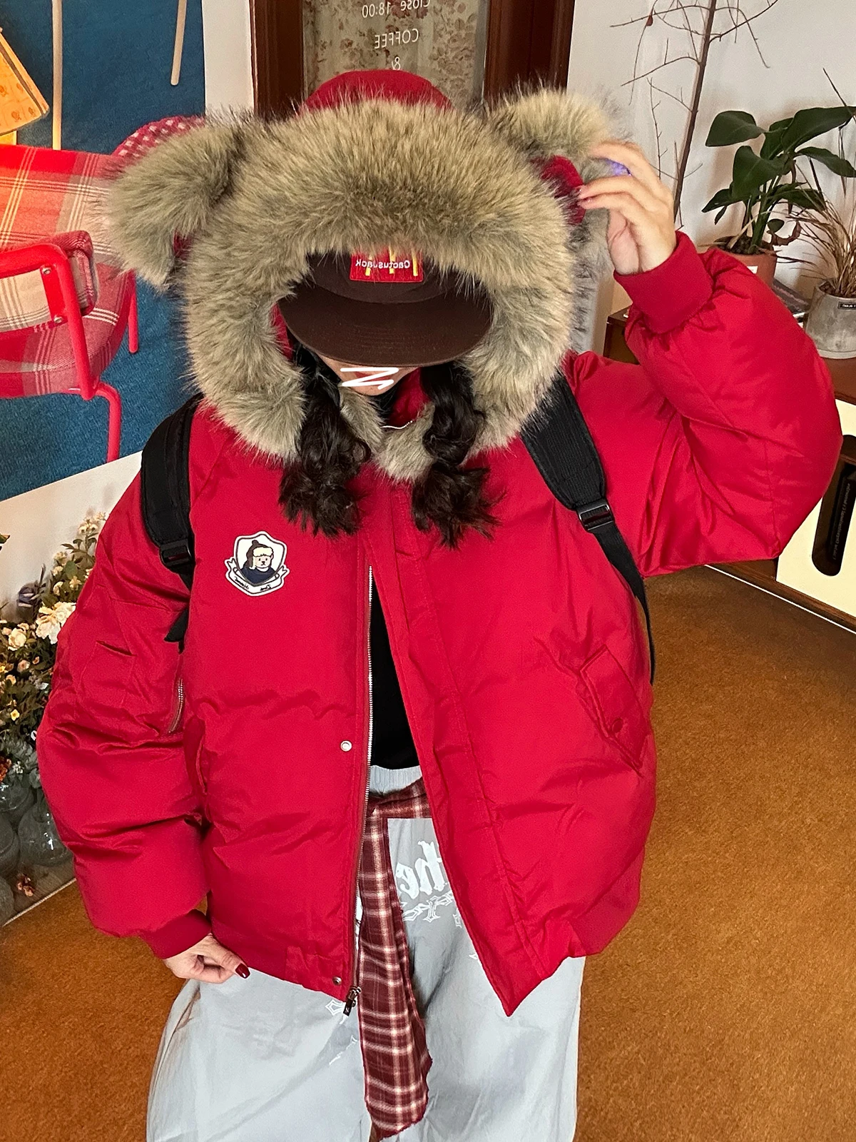 

Хлопковая куртка со съемным меховым воротником и капюшоном C2, зимняя новинка с медвежьими ушками, теплое мужское и женское пальто, верхняя одежда, повседневная одежда для поездок на работу