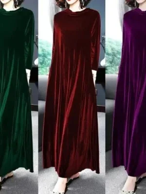 

Elegant Velvet Long Sleeve Midi Dress for Women Spring Autumn New Style Casual High Waist A-Line Skirt Fashionable Dress