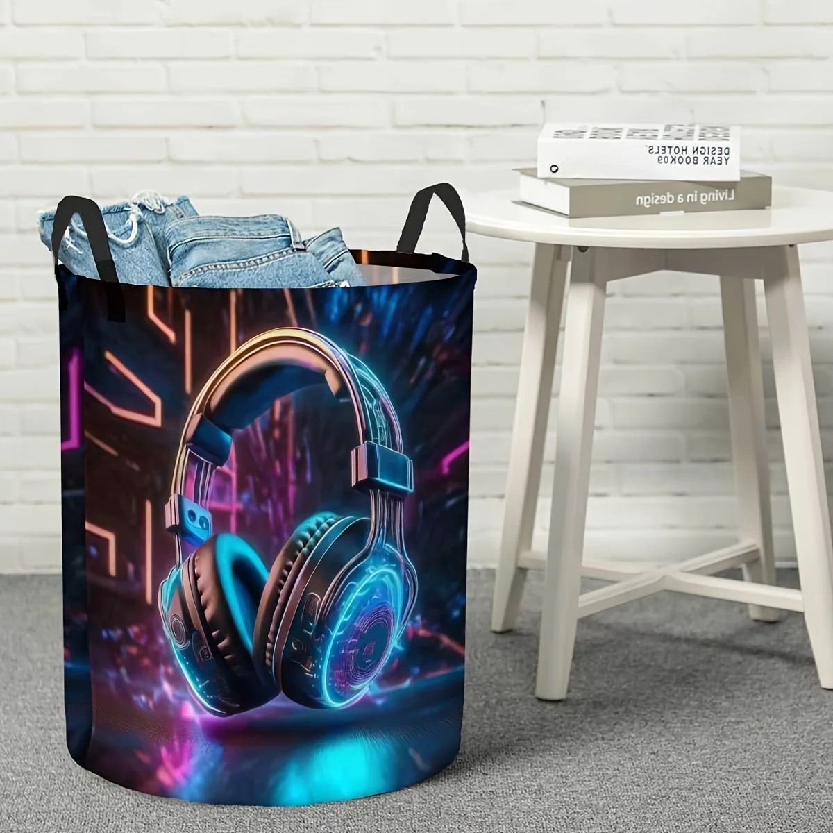 Neon Glowing Headset Laundry Hamper Round Foldable Storage Basket with Handles Space-Saving Design for Clothes