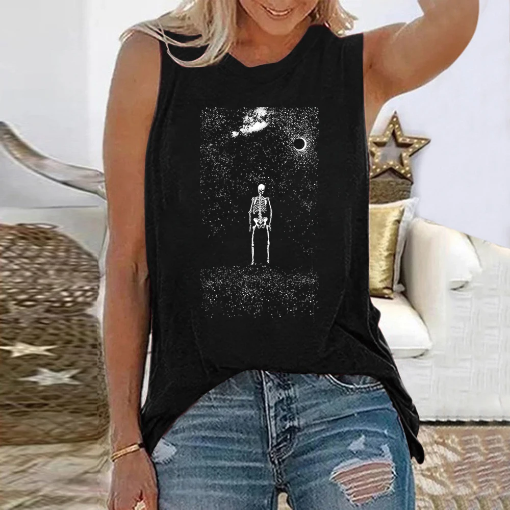 

Seeyoushy Look Up To The Moon Interesting Printed Women's Top Summer New Sleeveless Women's Tshirt Trend Casual Holiday Clothing