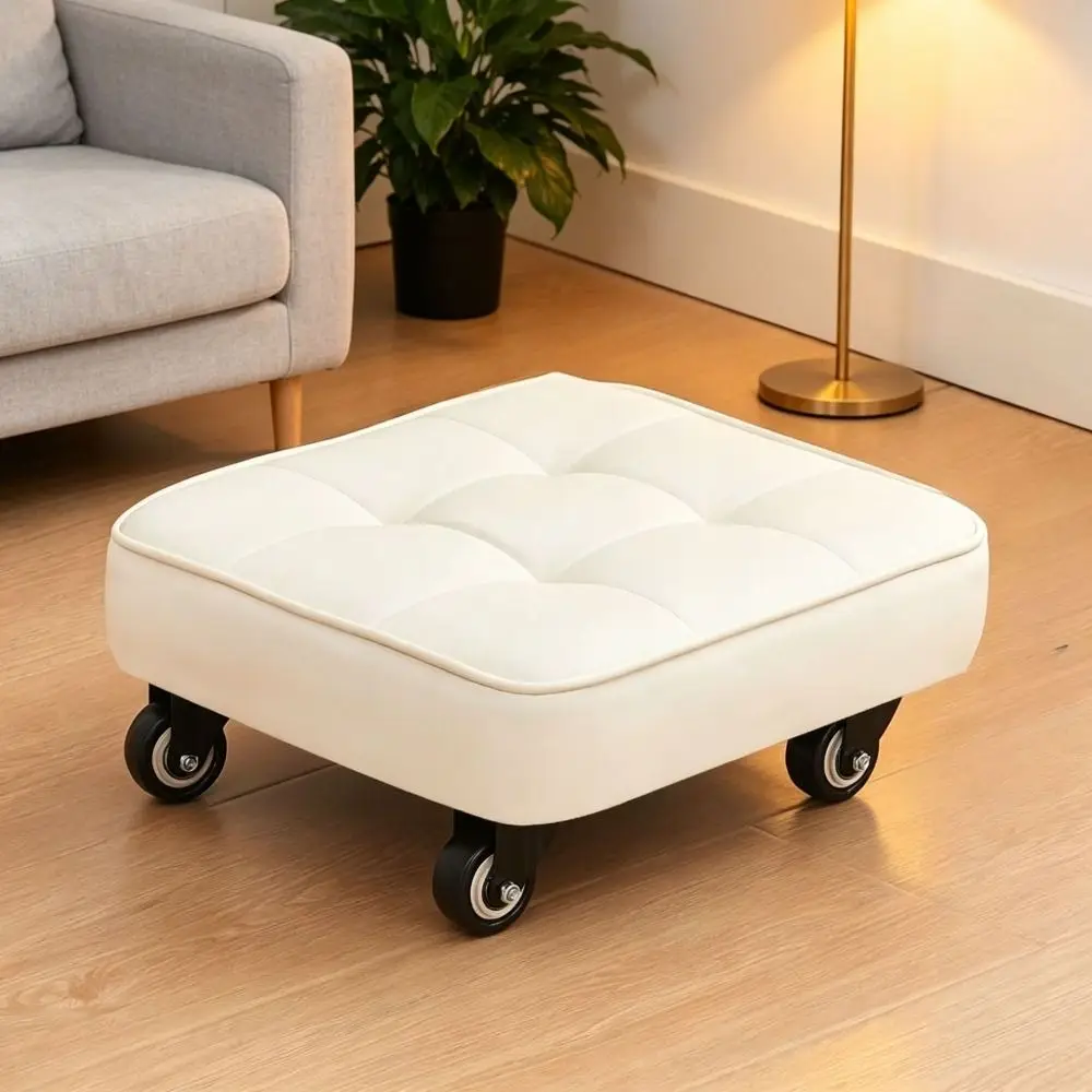 Minimalist Upholstered Swivel Caster Stool Square Shape Rounded Edges Low Sliding Bench Stitched Portable Foot Stool Baby Care