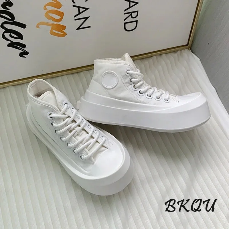 BKQU Canvas High-top Casual Shoes Women 2024 Trend New Big-head Shoes Lace-up Sports Matching Color Design Sense of High Quality