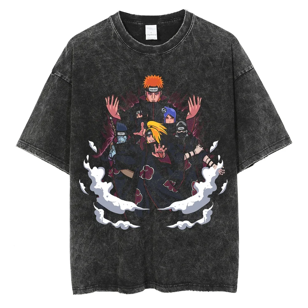 Men Harajuku Streetwear Vintage Black Tshirt Anime Naruto Print T-Shirt Summer Fashion Cotton Tops Tees Loose Washed Clothing