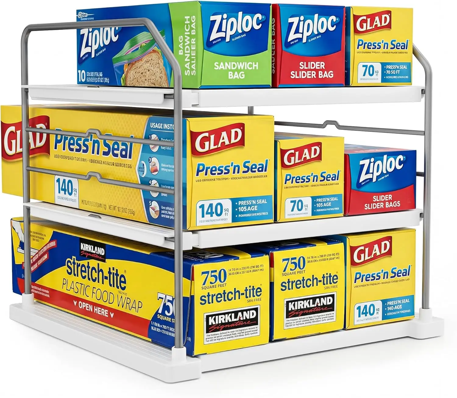 

Раздвижной 3-ярусный органайзер для кухонных шкафов для пищевой пленки, фольги и пакетов, регулируемая полка (ширина 11-16,7 дюймов), комплект из 2 штук