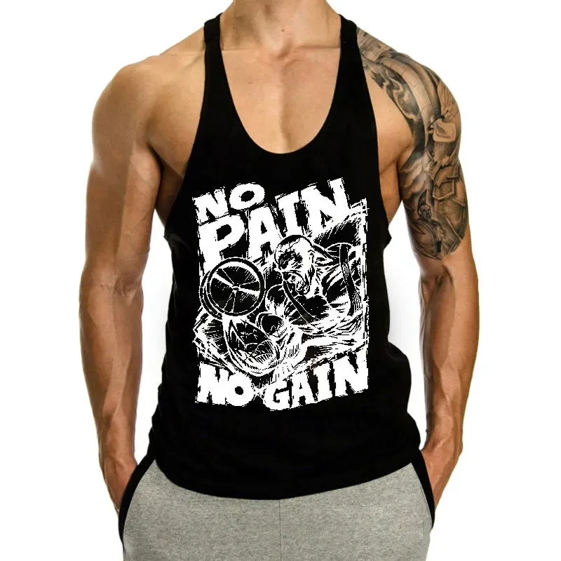 NO PAIN NO GAIN Men's Fitness Vest Running Training Sleeveless T-Shirt Gym Sports Tank Top Loose Breathable Racerback Vest