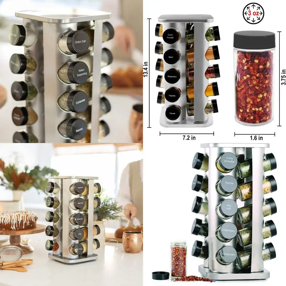 

Stainless Steel Revolving Spice Rack, 20 Jars Included, Kitchen Seasoning Organizer Tower