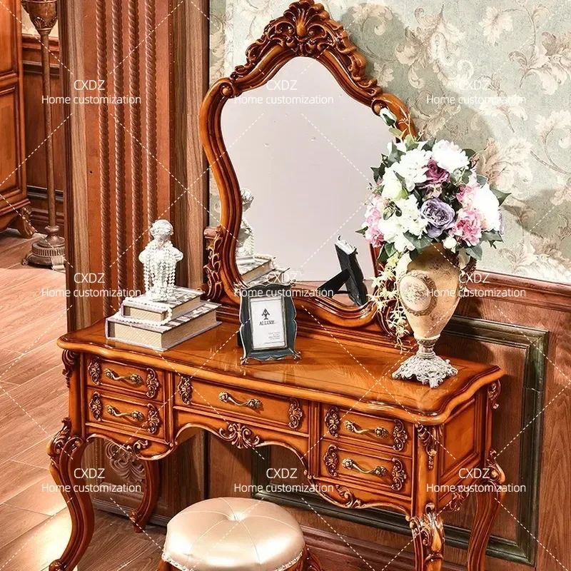 European Style Full Solid Wood Dressing Table with Mirror Modern French American Bedroom Vanity Desk Makeup Table