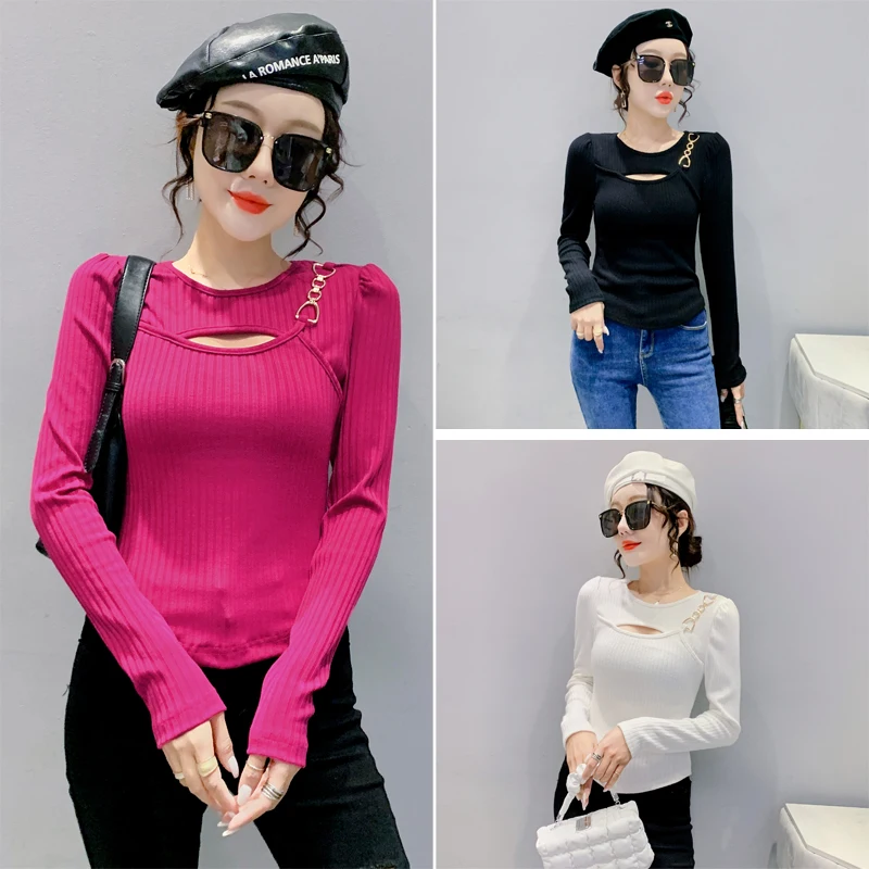 MadBlack European Clothes Sweater Women O Necks Hollow Out Slim Knit Top Long Sleeve Elastic Tshirts Autumn Spring T38060JM