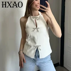 HXAO Halter White Crop Top Women Rhinestone Bow Black Top Woman Cut Out Party Backless Sexy Tops Off Shoulder Short Summer Tops