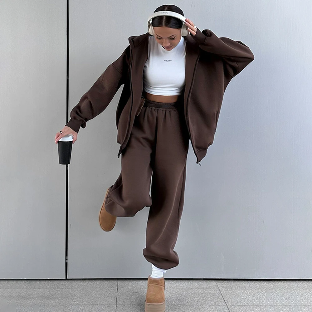 

Talenza Winter Women's Hoodie Pants Set Street Casual Fleece Cardigan Hooded Sweatshirt Solid Warm Loose Sweatpants Set 2 Pieces