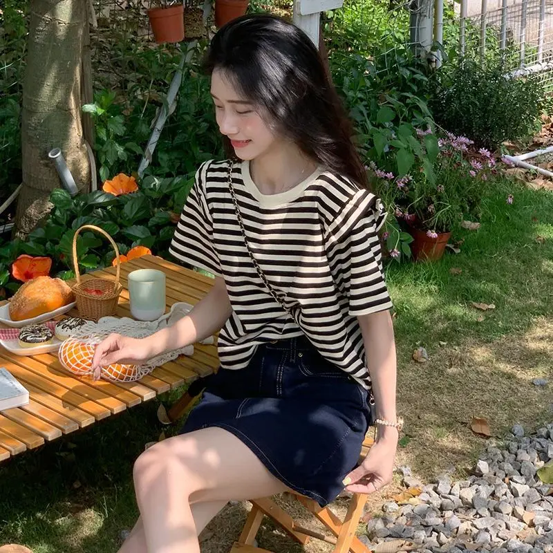 تي شيرت نسائي مخطط عتيق من harajuku من القطن الخالص بأكمام قصيرة أسود y2k ملابس غير رسمية فضفاضة للشارع تي شيرت نسائي صيفي