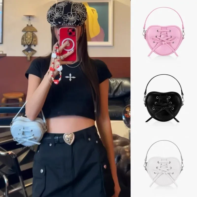 

Heart Shape Korean Mini Handbags Bows Lace-up Harajuku Small Shoulder Bags Sweet Y2k Messenger Bag Top-handle Cute Bag for Women