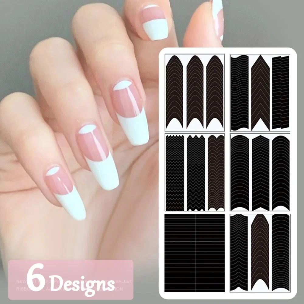 1 Sheet French Manicure Edge Auxiliary Nail Sticker 6 Designs Moon V Shape Self-Adhesive Nail Tip Guides For DIY Line Nail Tools