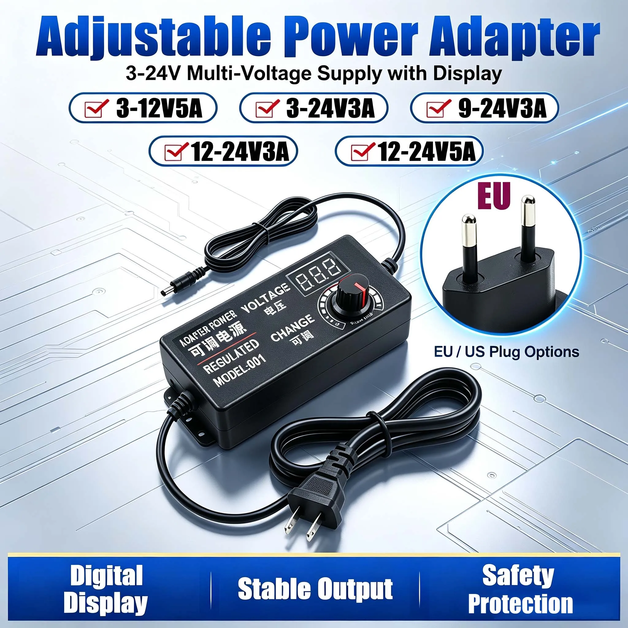 3V-12V 5A 60W Adjustable Power Supply Variable DC 3V 5V 9V 12V 24V Universal AC/DCAdapter 100V-240VAC to 3-12V Switching Adaptor