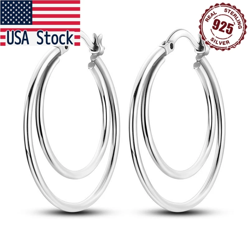 

MISEFF New 925 Sterling Silver Sparkling Cubic Zircon Big Earrings Ellipse Shape Double Hoop Earrings Wedding Engagement Jewelry