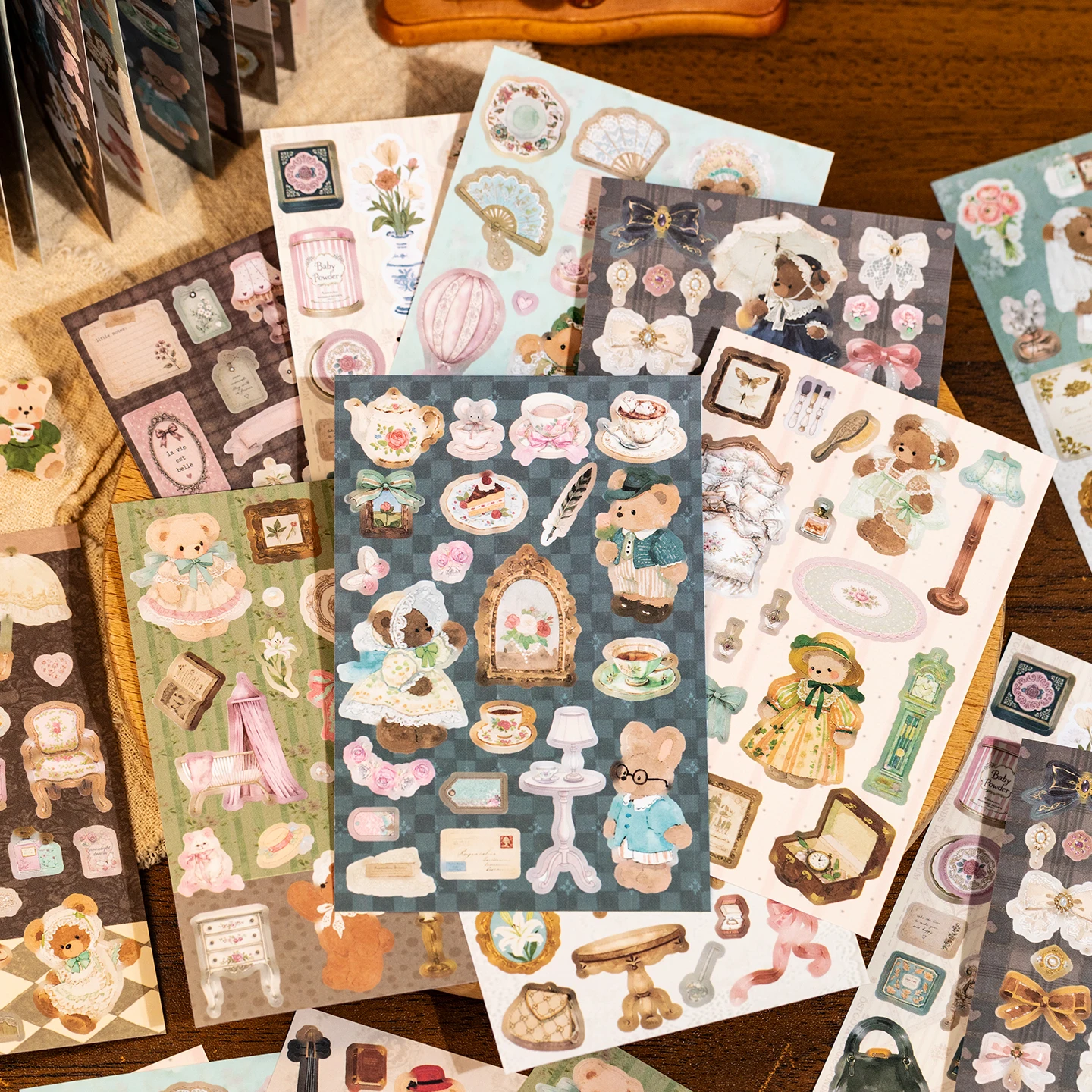 20Pcs Vintage Lace Bear Coated Paper Sticker Book, Cottagecore Maid Teddy Ephemera Stickers for Junk Journal Collage