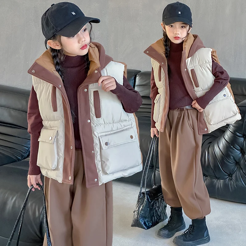 Completi invernali per ragazze adolescenti gilet in cotone + maglione dolcevita + pantaloni sportivi 1/3 pezzi Casual junior kids suit completi per