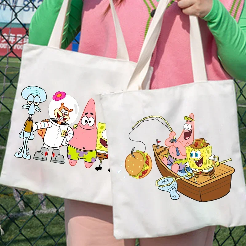 SpongeBob SquarePants Canvas Shoulder Bag Women Men Cartoon Handbag Tote Bags Student Fashion Portable Reusable Shopping Pouch