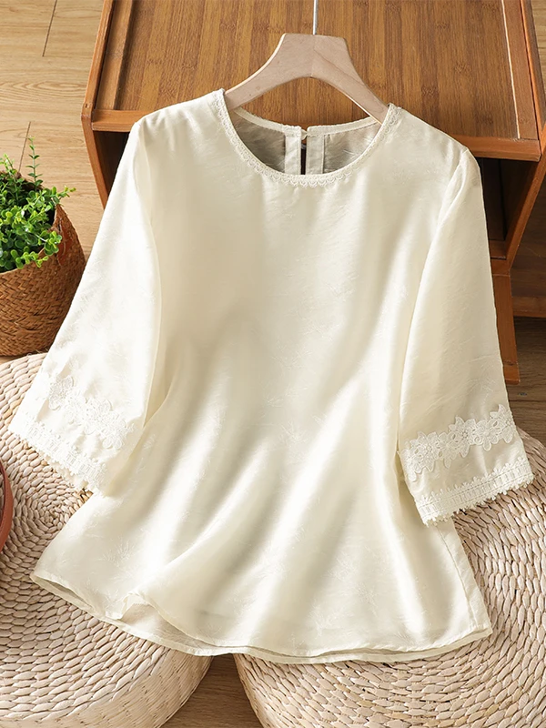 

Korean Brand New Chinese Style Heavy Embroidery Patch Women's Large Size Artistic round Neck Versatile Shirt Breathable Casua...