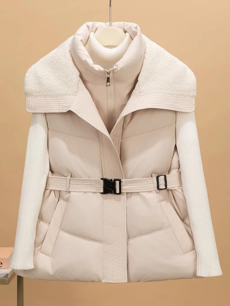 

Осень-зима 2022, женский хлопковый жилет с завышенной талией, облегающий комір с меховым воротником ягненка, Jaet для поездок на работу, молния, сращивание