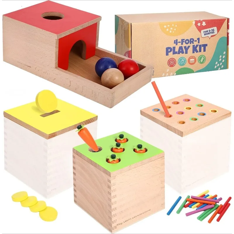 

4-for-1 Play Kit Includes Object Permanence Box, Montessori Coin Carrot Harvest Game, Matchstick Color Drop Game – Toys f
