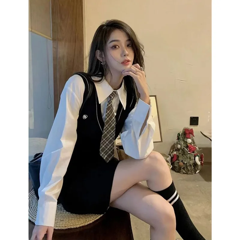 

Комплект женской униформы в американском студенческом стиле JK: сексуальная юбка с воротником и облегающим топом, осенний модный студенческий наряд из двух предметов