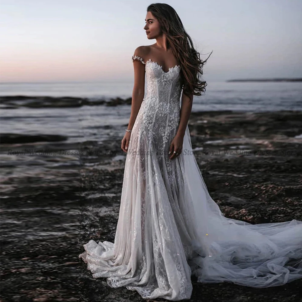 RANMO Simple Mermaid Wedding Dresses Applique Off-the-shoulder Lace Draped Flower Open Back 2022 Floor Length Gowns Robe De Ma