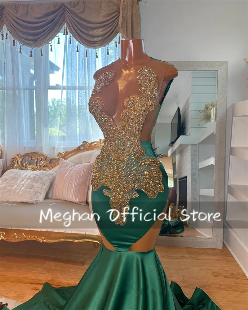 Green Long Prom Dresses For Black Girls Bead Crystal Rhinestone 2024 Birthday Luxury Dress Graduation Gown Back Out Customized image 2