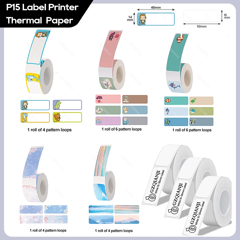 New Color P15 Label Paper Rolls Thermal Sticker for P15 D30 D35 B100 88X Pocket Bluetooth Label Printer Adhesive Barcode Tape