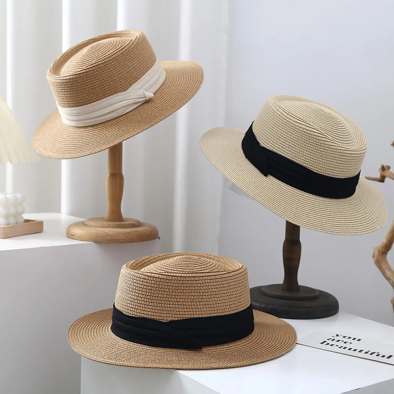 Spring and Summer Beach Flat Top Hat Women's Straw Knitted French Top Hat Wide brimmed Jazz British Sun Hat