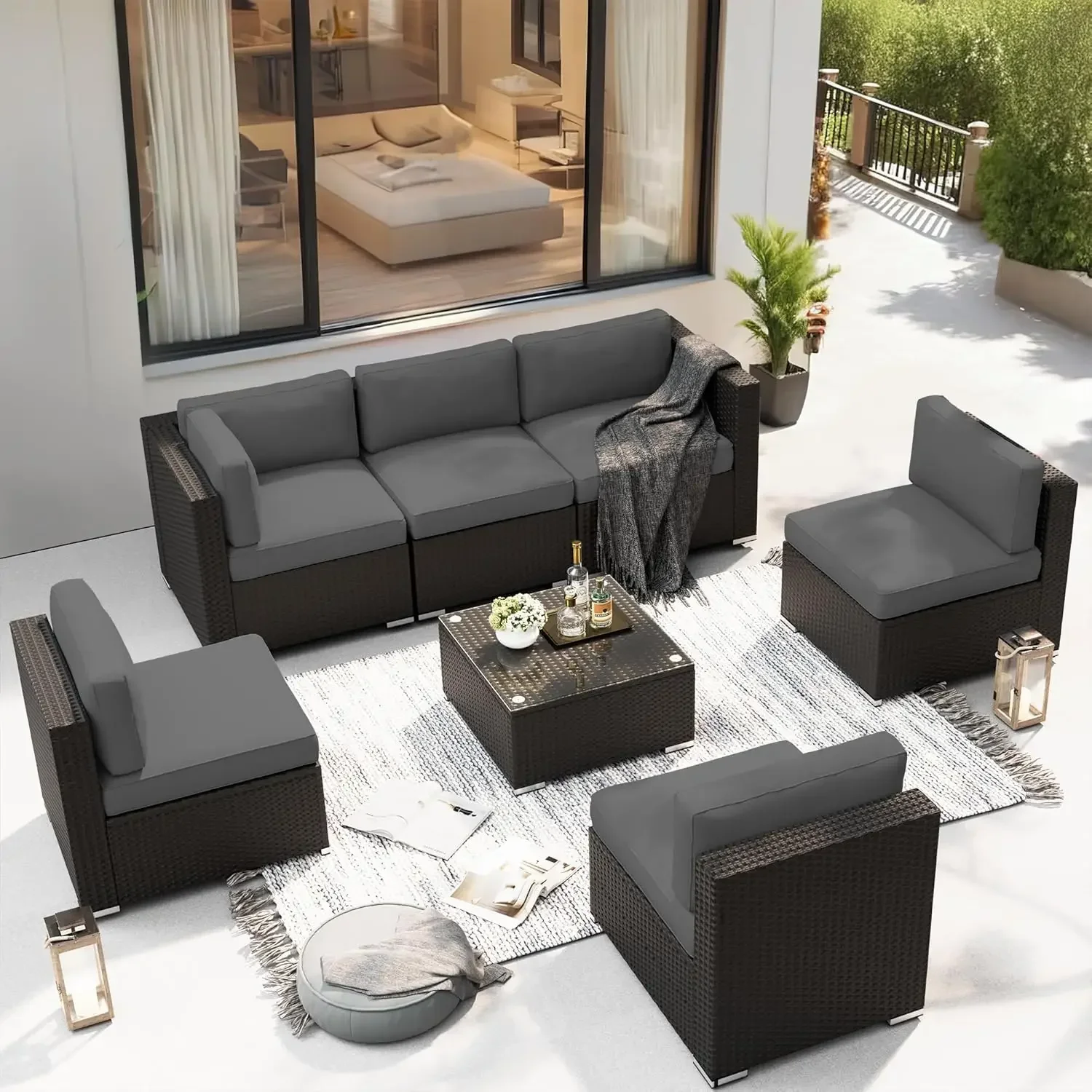 

Outdoor Patio Furniture Sofa Set All-Weather Wicker Sectional Conversation Set with Modern Glass Coffee Table and Cushions