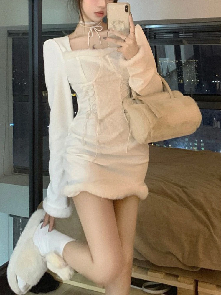 Winter Sexy White Mini Dress Women Autumn Sweet Bandage Design Bodycon Dress Korean Casual Cute Christmas Evening Party Dress