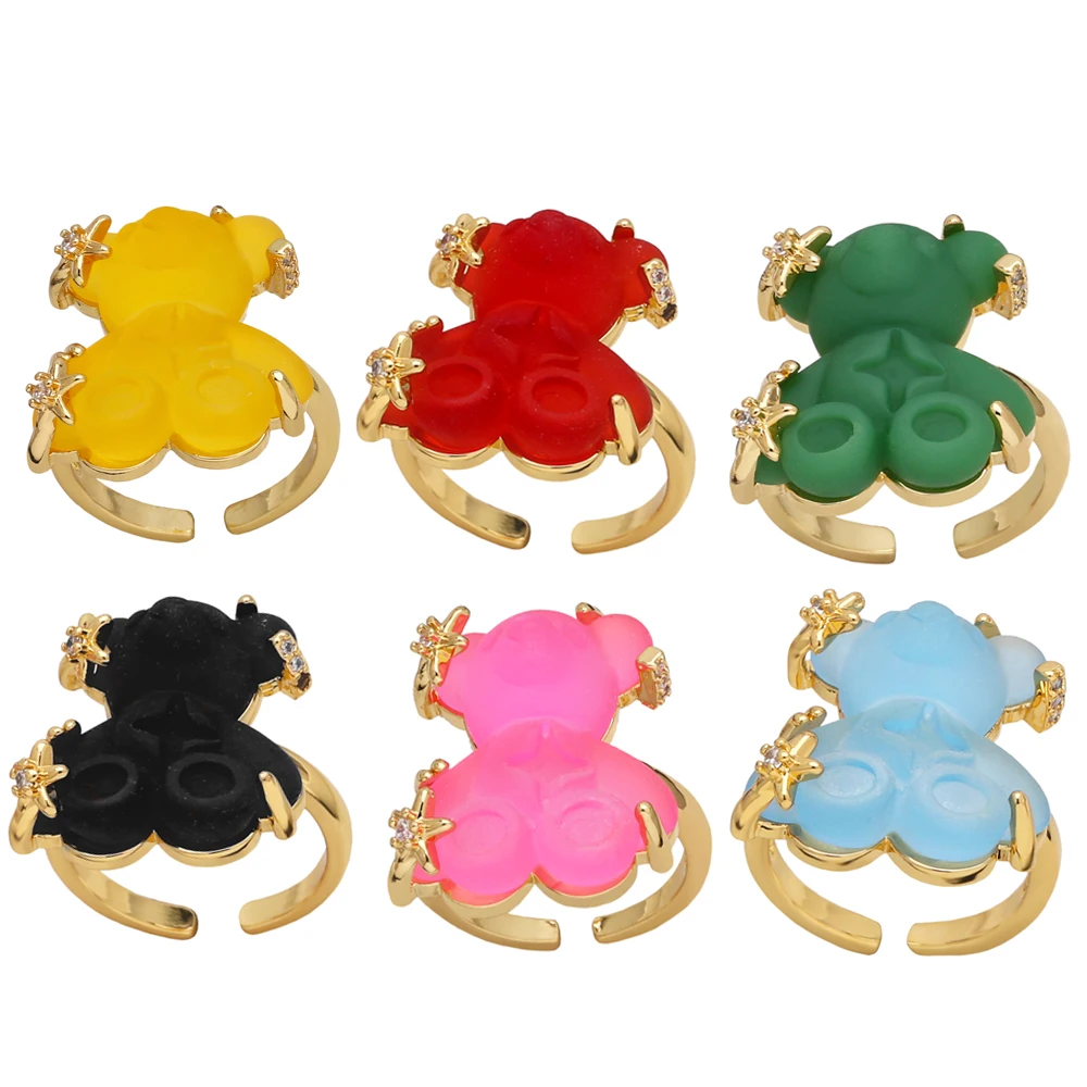 FLOLA Candy Color Gummy Bear Rings for Women Copper Gold Plated Rings Adjustable Animal Jewelry Friends Gifts rigs64