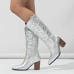 Liyke Fashion Embroidery Women Western Knee High Boots Silver Pointed Toe Low Square Heels Autumn Winter Shoes Zapatos Mujer