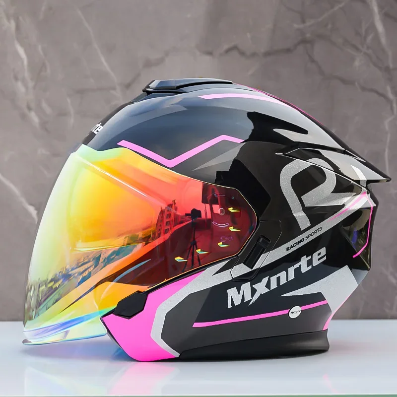 

Double Lens Half Helmet Mxnrte Black Pink Helmet Motorcycle Off-Road Safety Helmet DOT Approved Casco Casque Men and Women