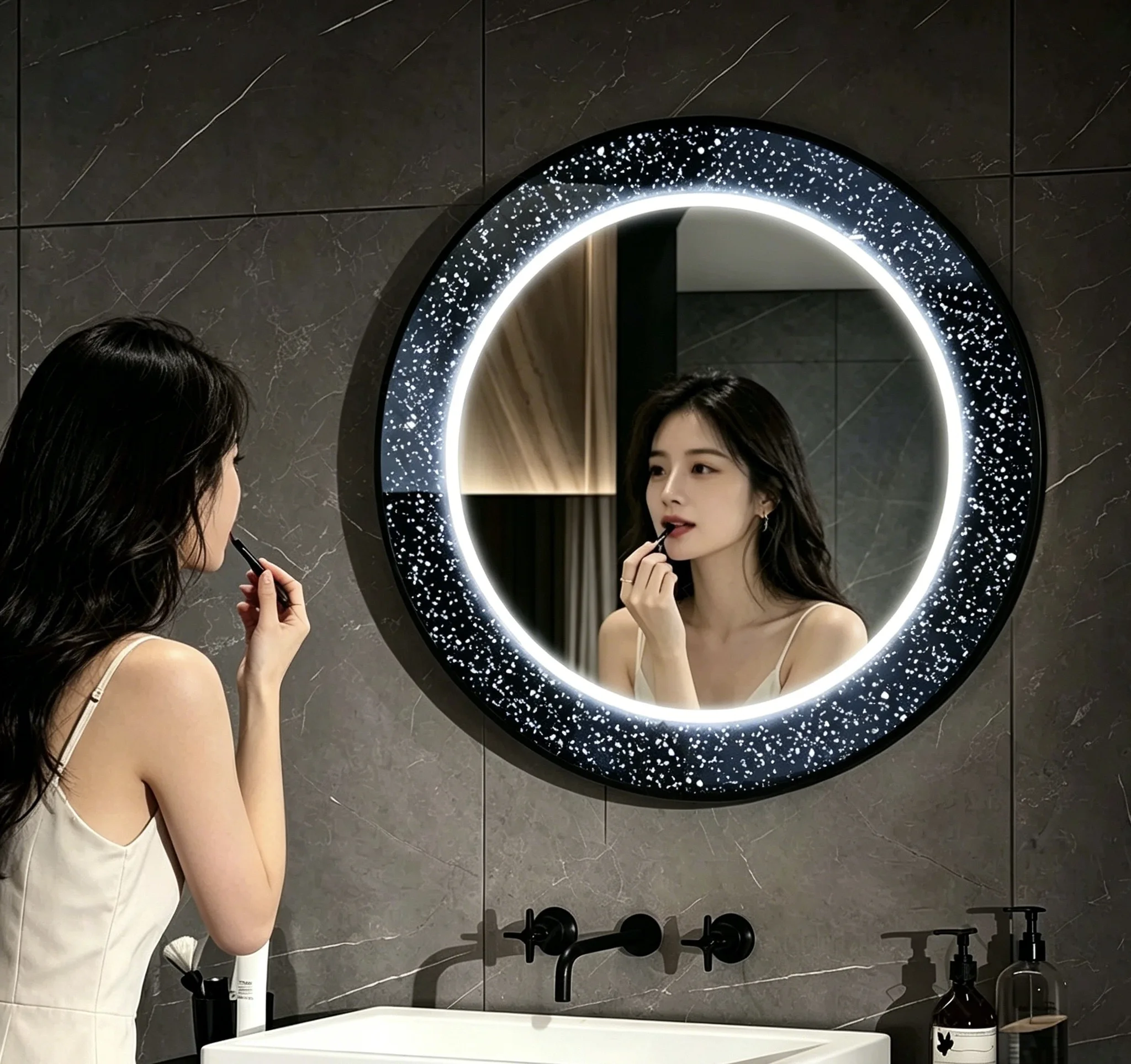 Luxury Wall Mounted Circular Gesture Operated Induction LED Bathroom Mirror, Starry Sky Mirror, Starry Atmosphere Makeup Mirror
