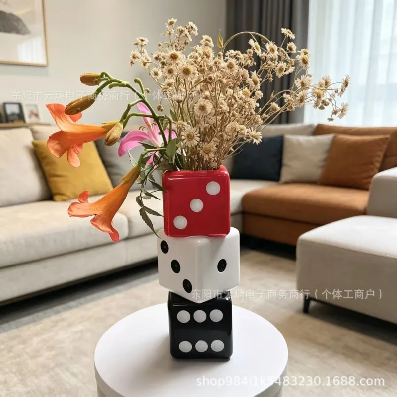 Dice Vase Flower Vase Black, White Red Creative Table Centerpiece, Modern Home Living Room Decoration, Ornament Floral Holder