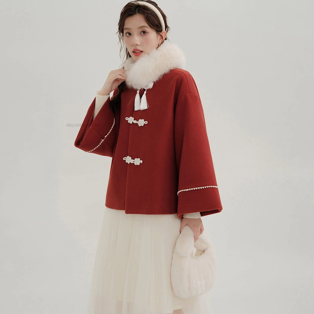 Wearing Red Wool Overcoat  Spring Festival Women Tangsuits Red Thicken Hanfu Blouse Chinese Vintage Clothing Thicken Tangsuits