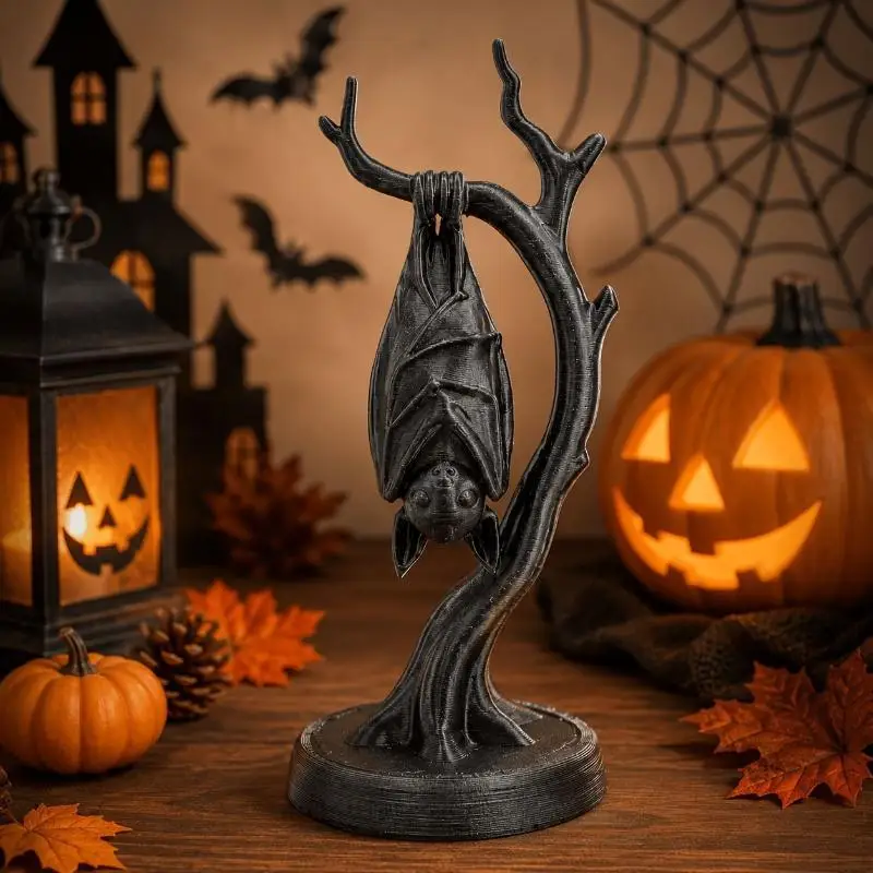 Bat On Dead Branch Figurine 3D: Printed Gothic Sculpture Halloween Party Spooky Desk Bookshelf Gift