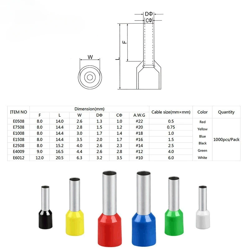 1000pcs/pack izolovaného šňůra konec svorka překážka E0508 1008 1508 7508 2508 měrný tlak svorka ferrules krimpování terminálů trubkové