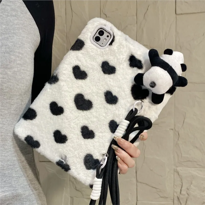 Cute 3D Panda Plush Furry with Crossbody Lanyard Tablet Case for HONOR V6 V7 10.4in Soft Fluffy Shockproof Protective Cover