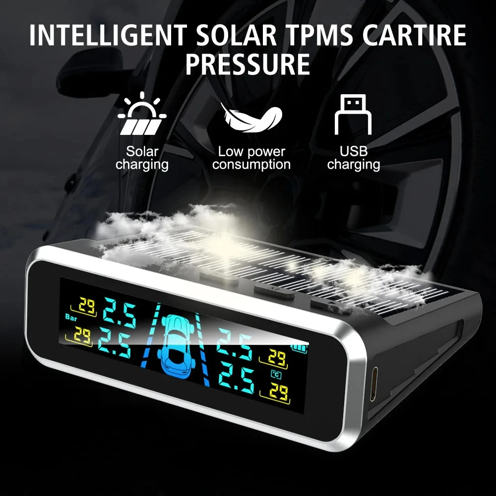 

Беспроводная система контроля давления и температуры в шинах (TPMS) на солнечной энергии с зарядкой Type-C, 4 датчиками и автоматической сигнализацией для внедорожников