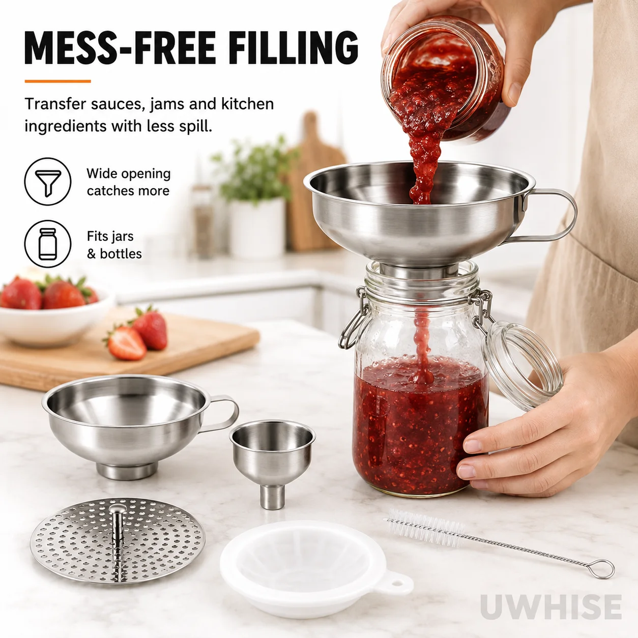 Uwhise 3/6 Pack Wide Mouth Stainless Steel Funnels Set Kitchen Oil Jam Funnel With Removable Strainer Filter For Mason Jars