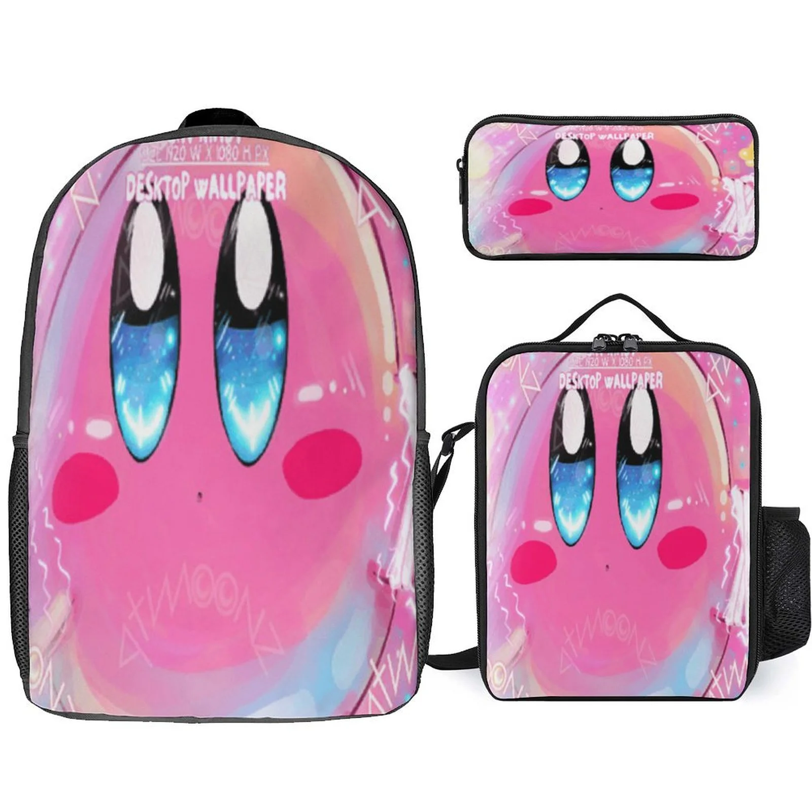 

Little Boy Girl Kirby Fashion Backpack with Cartoon Side Bag Pencil Box 3 in 1 Set-Large Capacity Daypack for Student