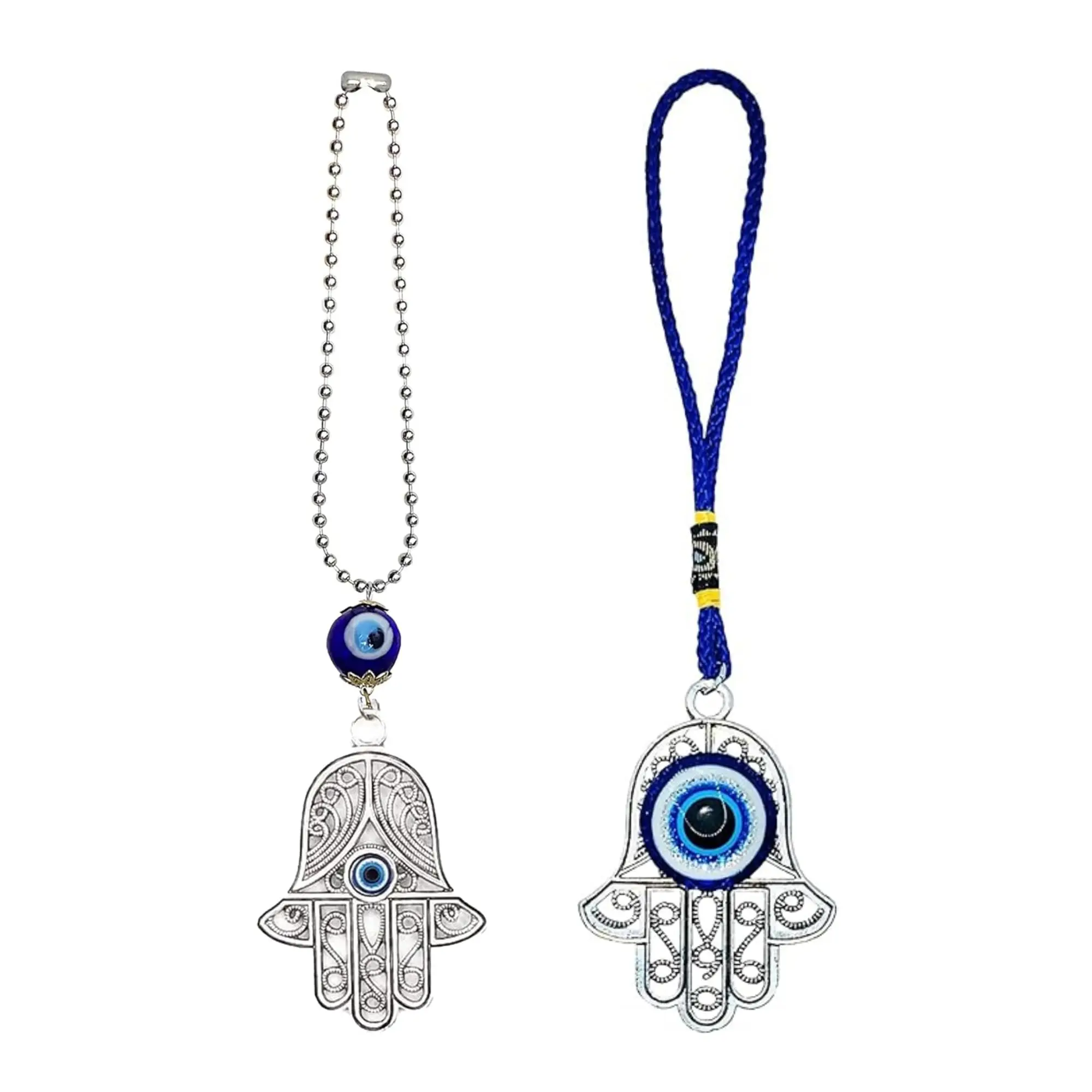 

Hamsa Hand Evil Eye Charm With Blue Bead And Chain For Car Mirror, Home Or Office Decorative Hanging Ornament