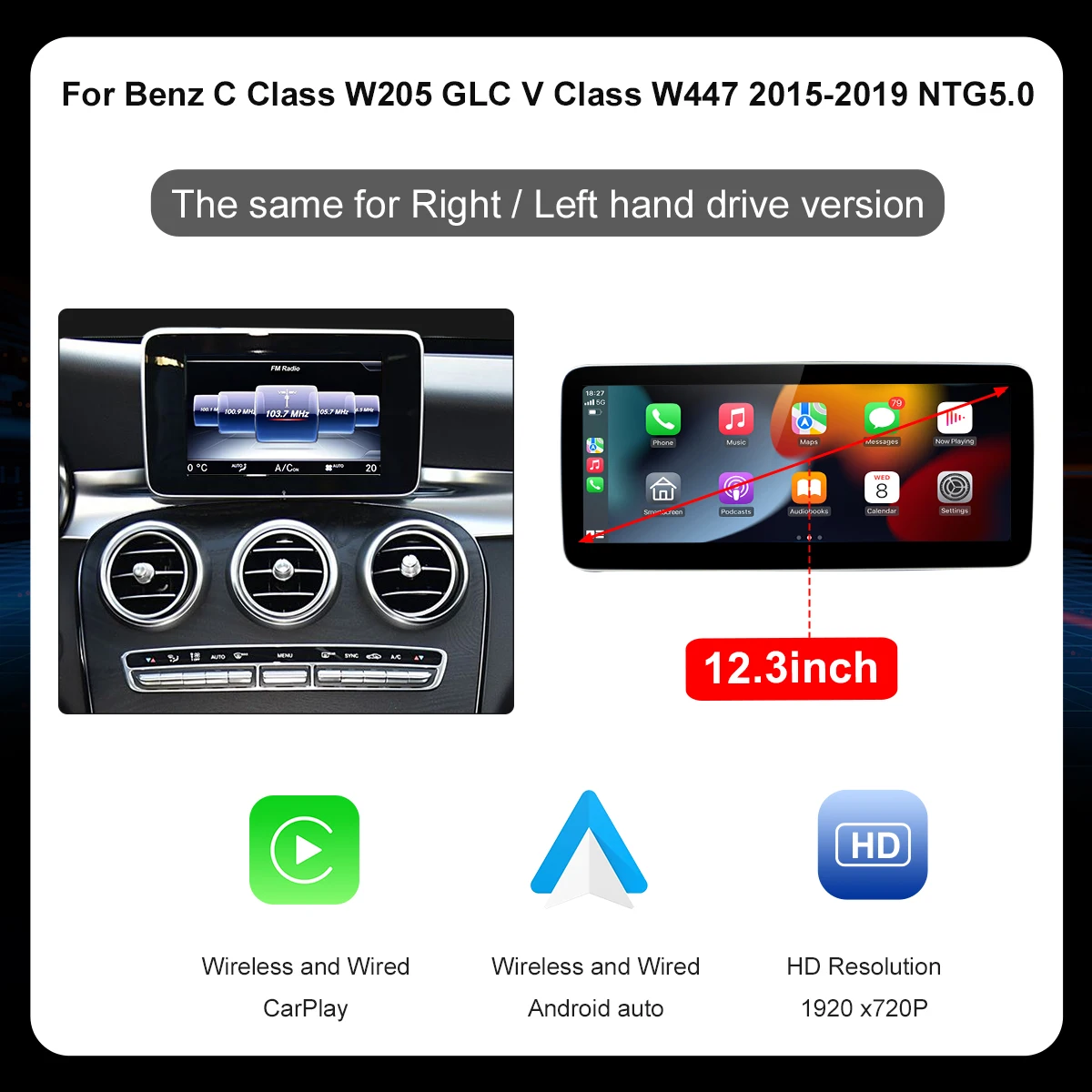 Draadloze Carplay 12.3 ''Touchscreen Multimedia Radio Ontvanger voor Mercades Benz GLA GLC GLK ML W205 W176 C117 linux Android