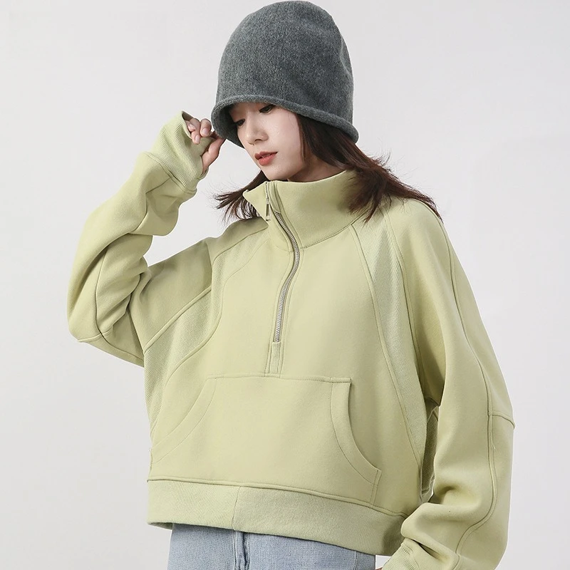 Autumn Winter Half Zip Sweatshirt Women Thickened Loose Short Stand Collar Fleece Jacket Sport Outerwear Gym Fitness Outdoor Top