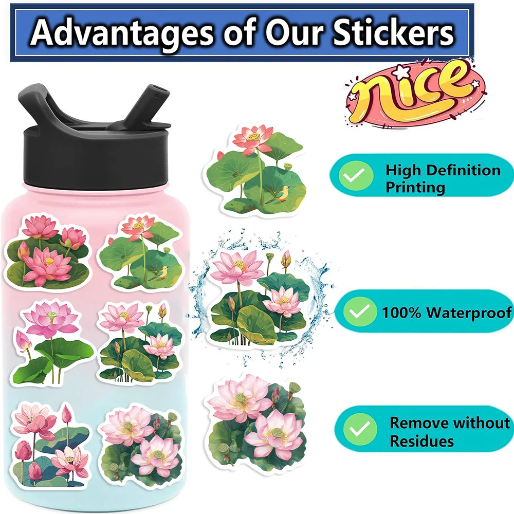 50PCS Adesivos Criativos de Flores de Lótus Rosa à Prova d'Água para Decoração DIY em Cadernos, Celulares, Guitarras, Copos de Água, Malas e Grafite