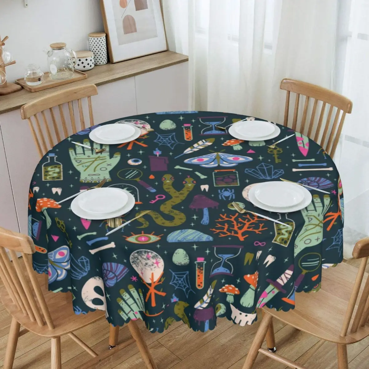 Custom Halloween Skull Round Tablecloths 60 Inches Cabinet Of Curiosities Table Cover for Parties Table Cloth