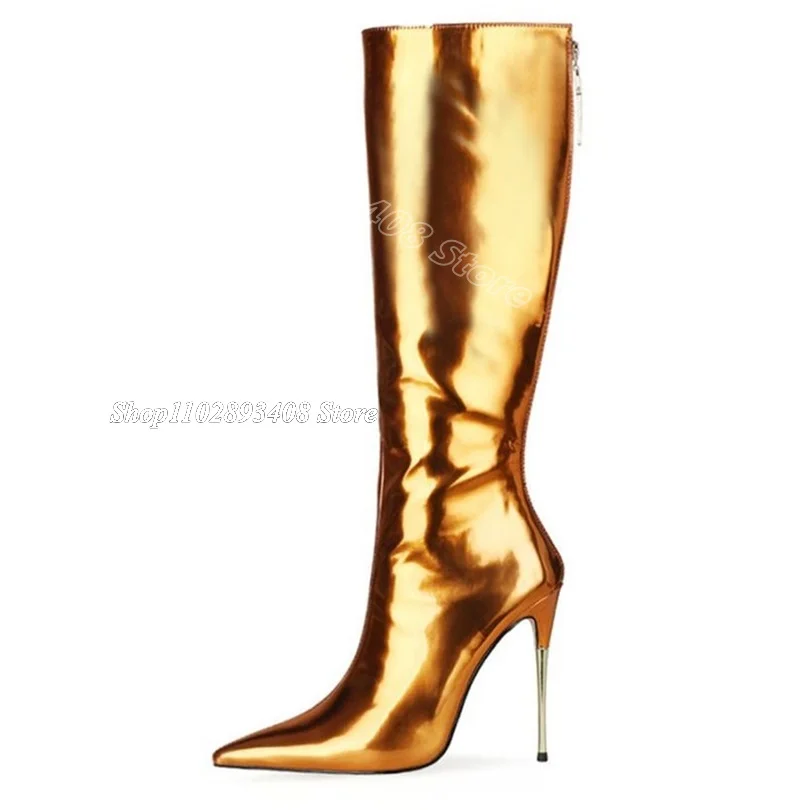 Gold Metal Heels Knee Boots Pointed Toe Patent Leather Solid British Style Casual Party Fashion Sexy Boots Zapatos Para Mujere